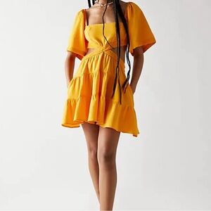 Free People Cross Of Sunlight Mini Dress Yellow Cutout Smocked Tiered Boho